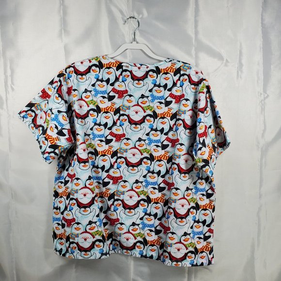 MNJ V-Neck Scrub Top Wintery Santa Claus with Penguins Print 2 Pockets Sz XL - Picture 2 of 6